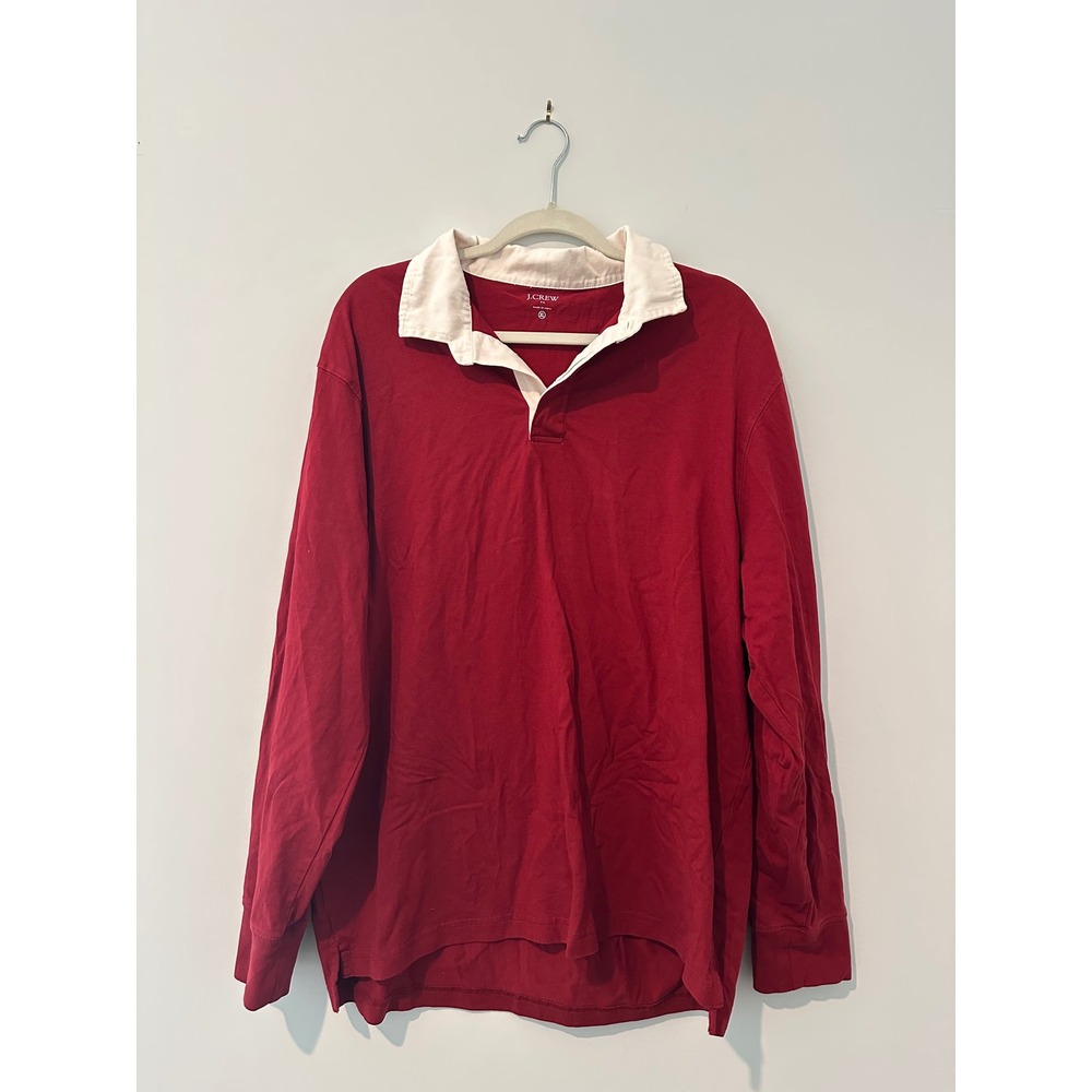 J.Crew Mens Long Sleeve Rugby Shirt Red White Collar Preppy XL